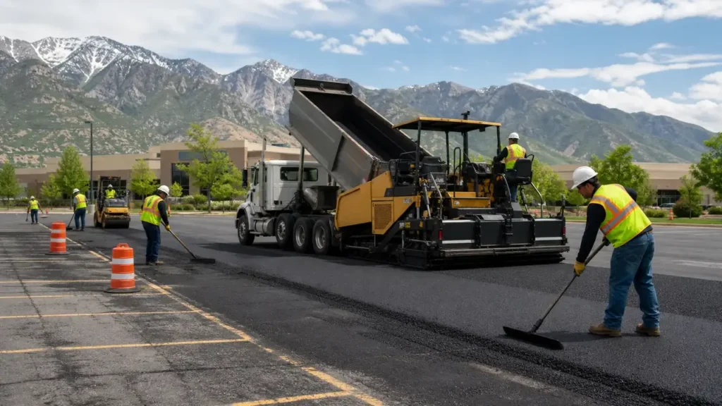Parking Lot Paving crew working in a controlled Cedar Hills, Utah pavement area