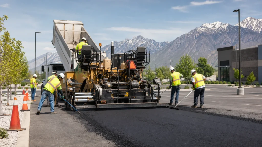 Parking Lot Paving in Utah crew working on a controlled Utah pavement site