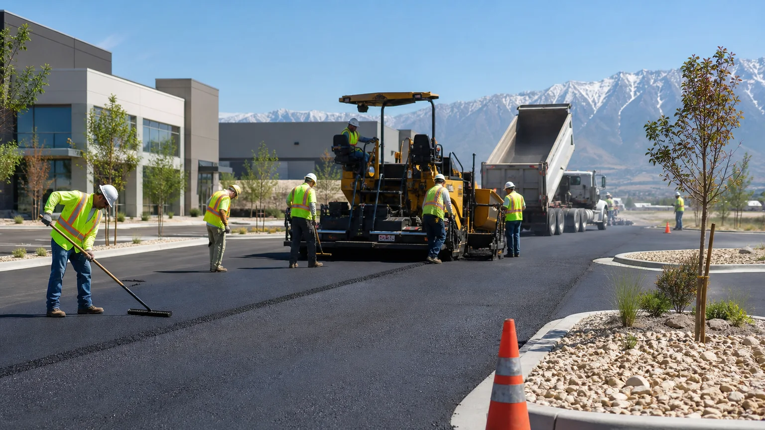 Parking Lot Paving crew working in a controlled Eagle Mountain, Utah pavement area