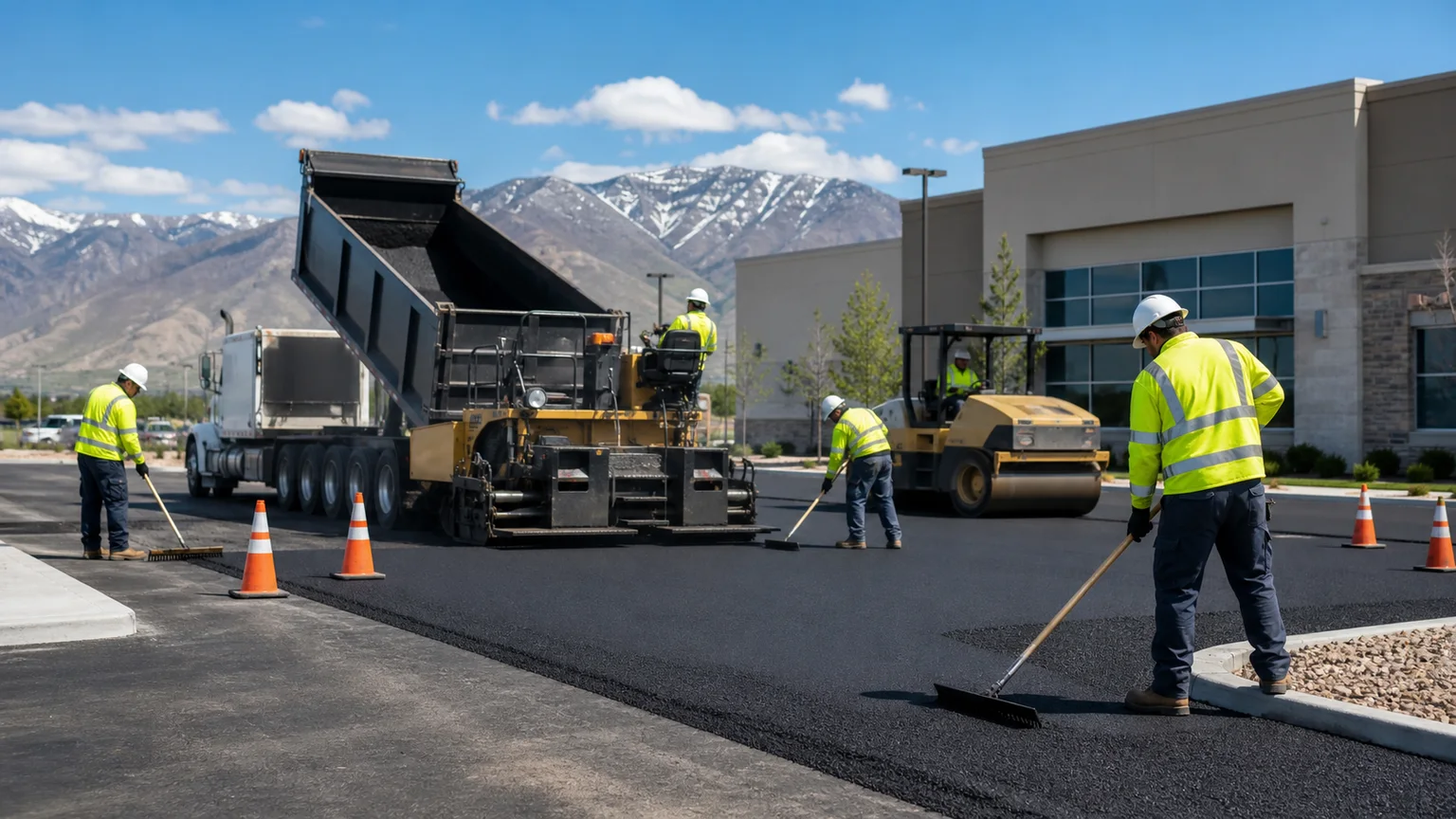 Parking Lot Paving crew working in a controlled Fairfield, Utah pavement area