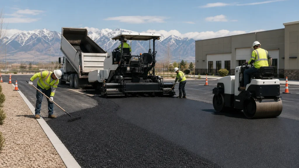 Parking Lot Paving crew working in a controlled Genola, Utah pavement area