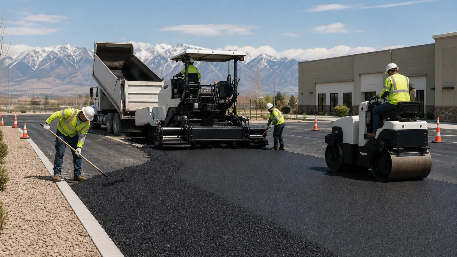 Parking Lot Paving crew working in a controlled Genola, Utah pavement area