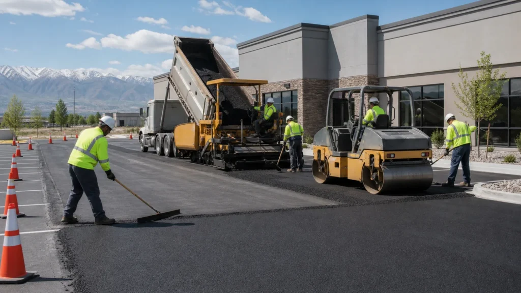 Parking Lot Paving crew working in a controlled Goshen, Utah pavement area