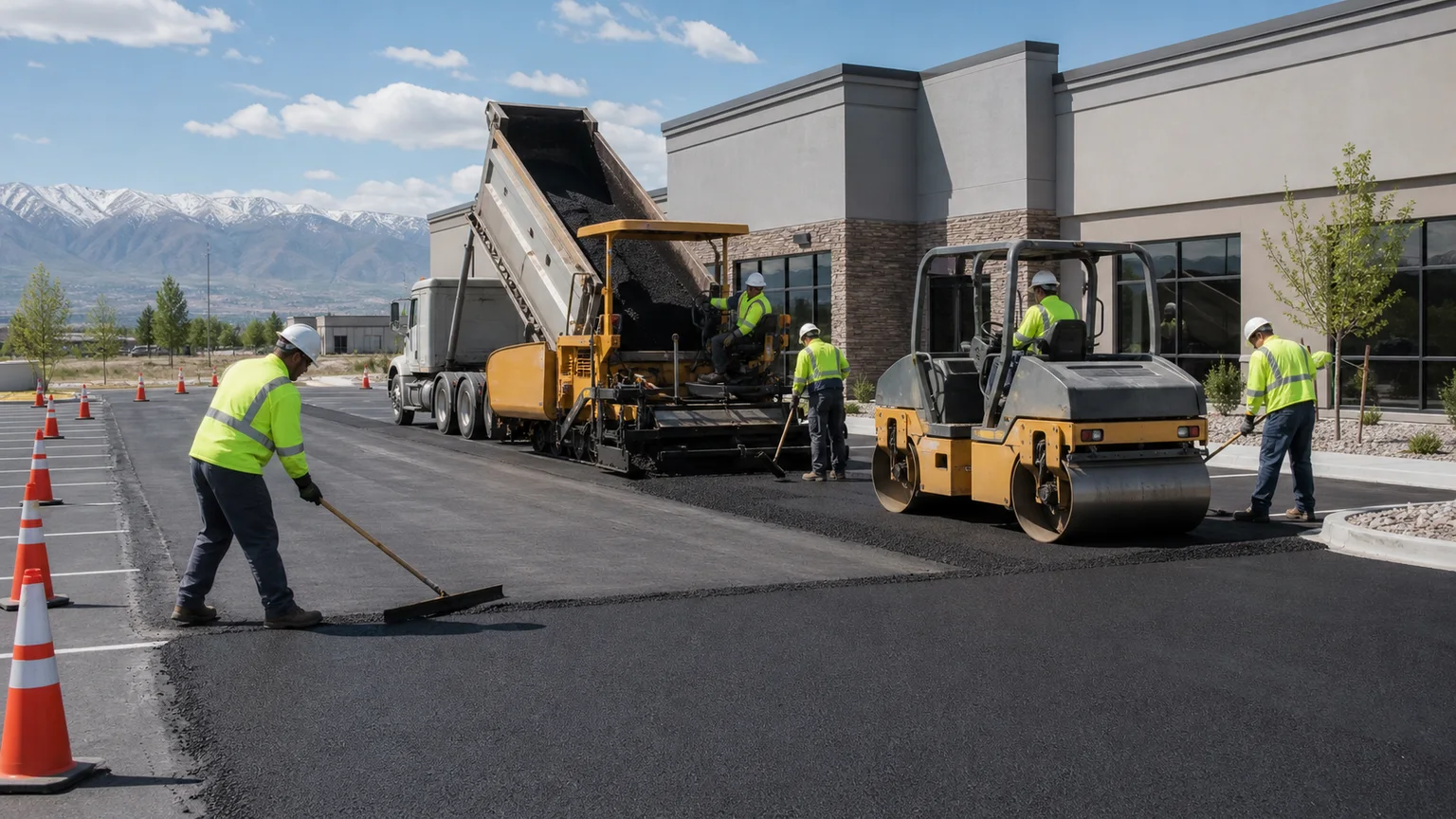 Parking Lot Paving crew working in a controlled Goshen, Utah pavement area