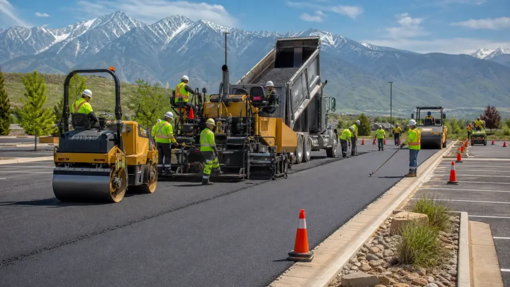 Parking Lot Paving crew working in a controlled Highland, Utah pavement area