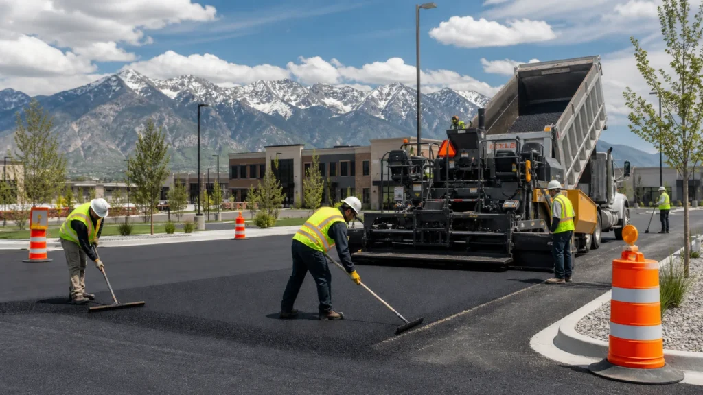 Parking Lot Paving crew working in a controlled Lehi, Utah pavement area
