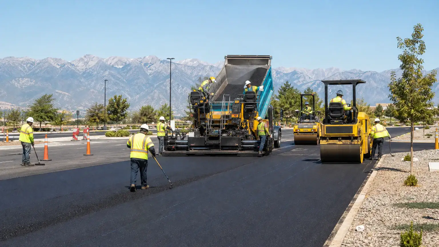 Parking Lot Paving crew working in a controlled Lindon, Utah pavement area