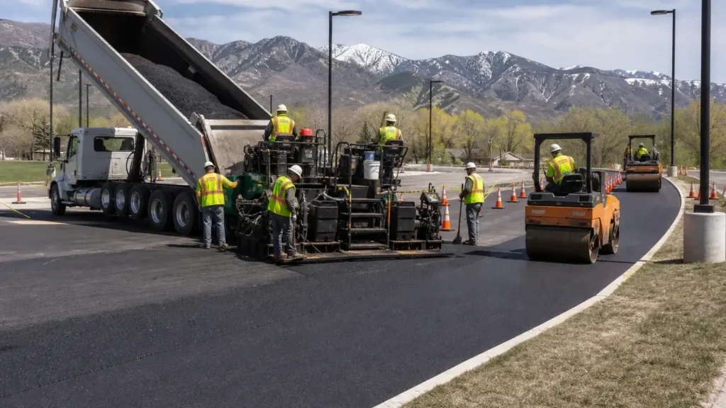Parking Lot Paving crew working in a controlled Mapleton, Utah pavement area
