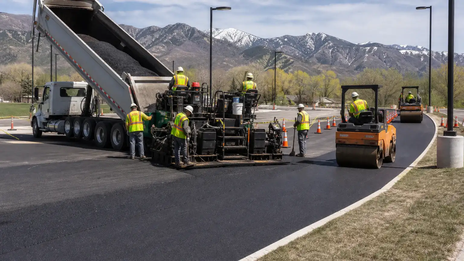 Parking Lot Paving crew working in a controlled Mapleton, Utah pavement area