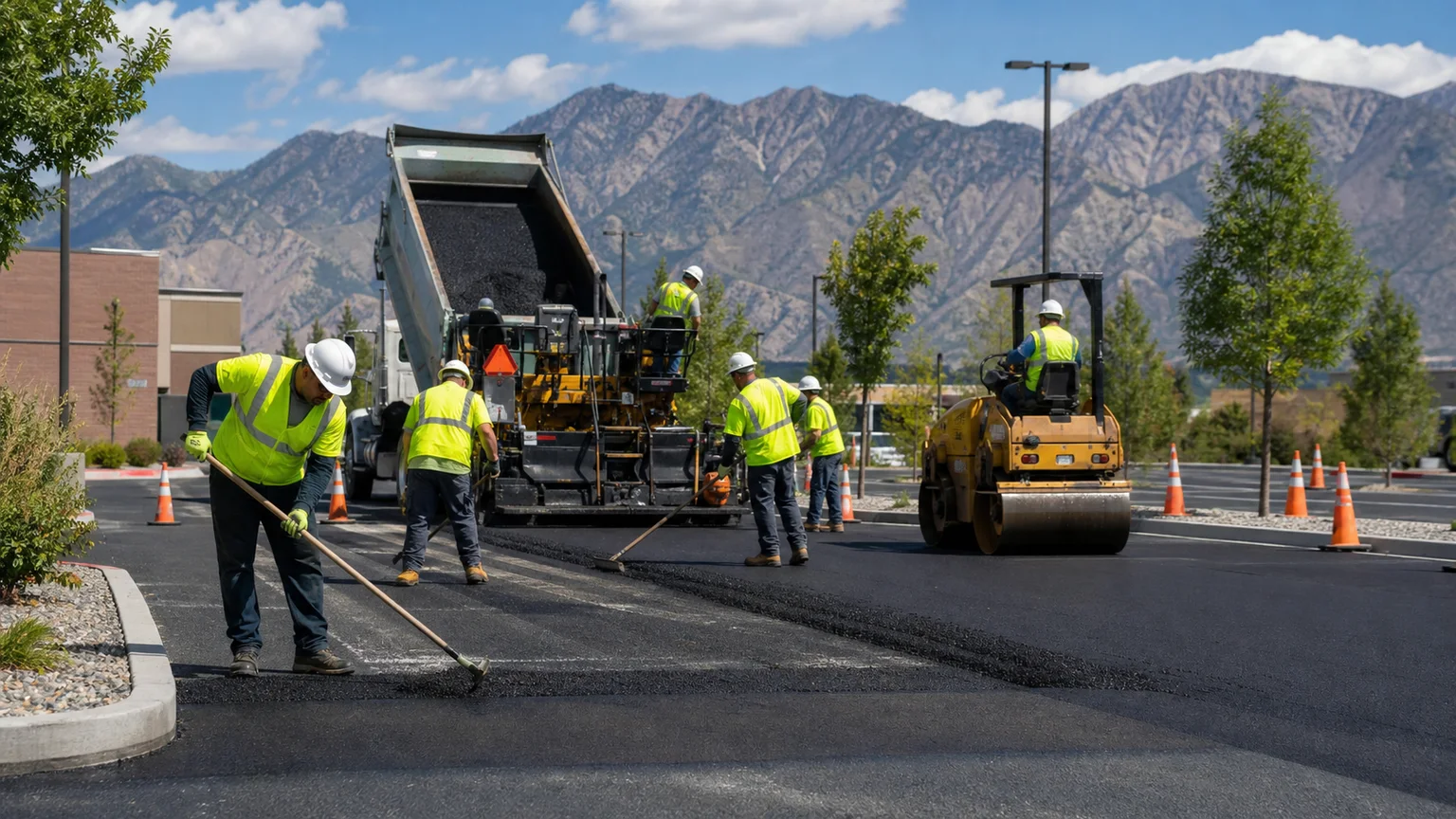 Parking Lot Paving crew working in a controlled Orem, Utah pavement area