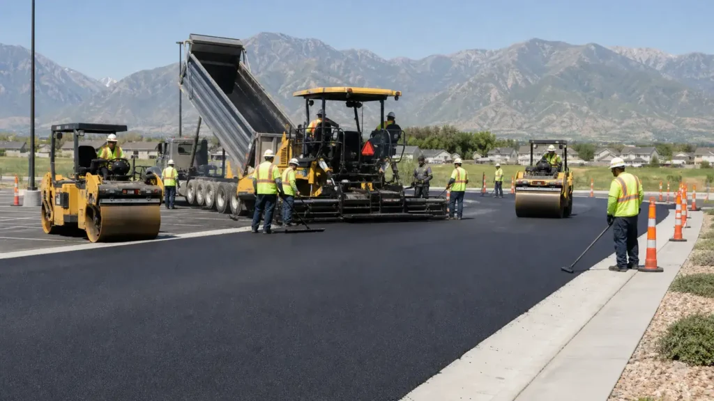 Parking Lot Paving crew working in a controlled Payson, Utah pavement area