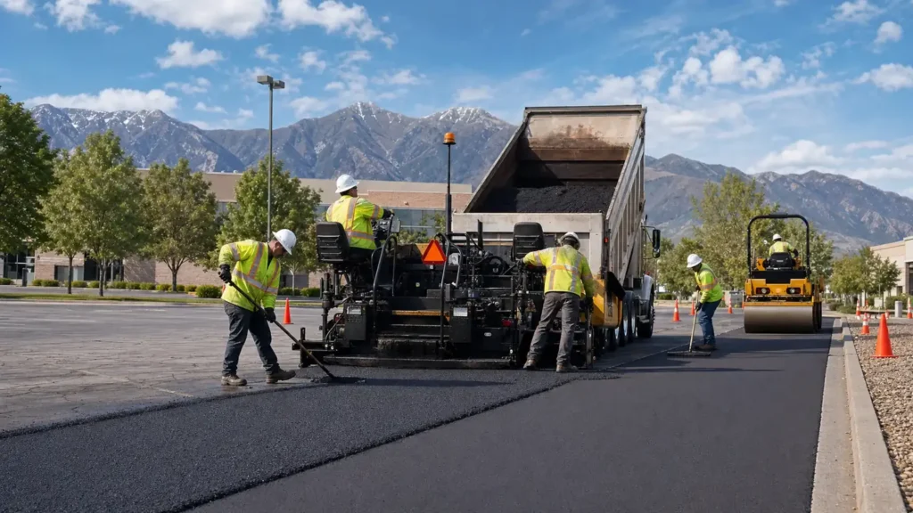 Parking Lot Paving crew working in a controlled Pleasant Grove, Utah pavement area