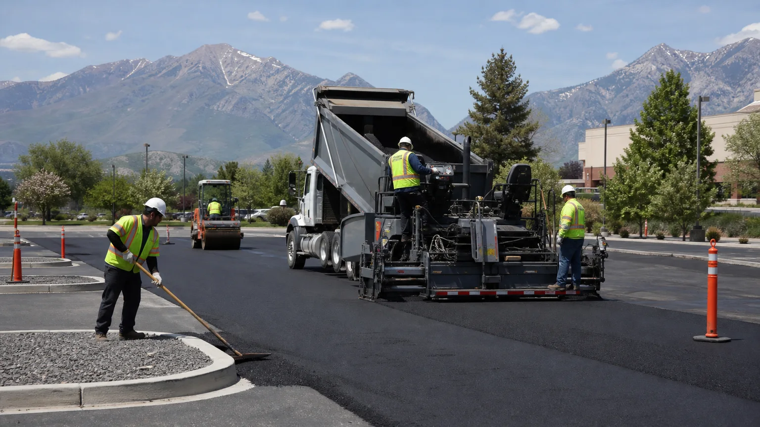Parking Lot Paving crew working in a controlled Provo, Utah pavement area