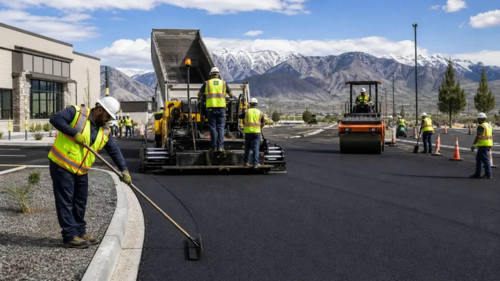 Parking Lot Paving crew working in a controlled Salem, Utah pavement area