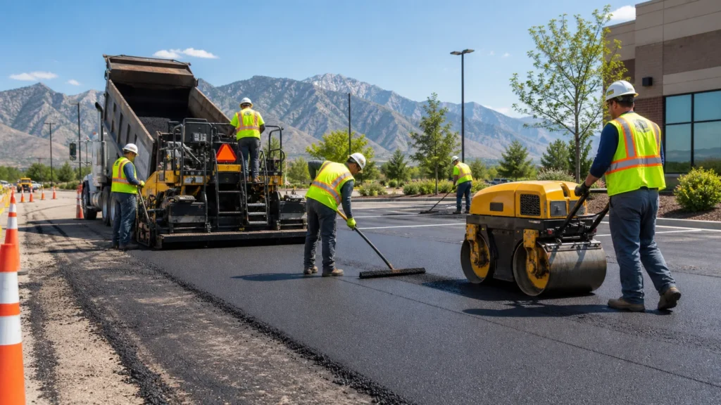 Parking Lot Paving crew working in a controlled Salt Lake City, Utah pavement area