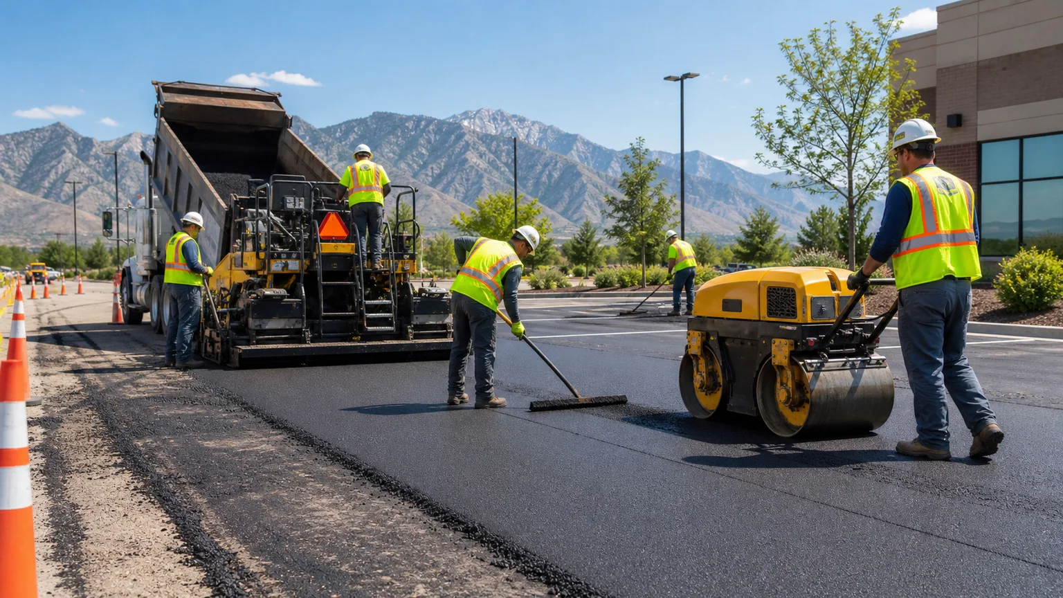 Parking Lot Paving crew working in a controlled Salt Lake City, Utah pavement area
