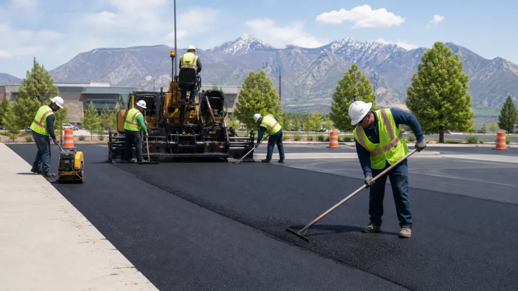 Parking Lot Paving crew working in a controlled Sandy, Utah pavement area