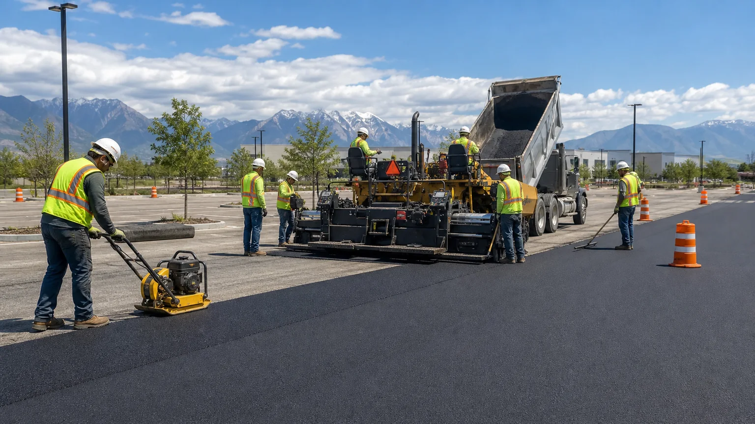 Parking Lot Paving crew working in a controlled Saratoga Springs, Utah pavement area