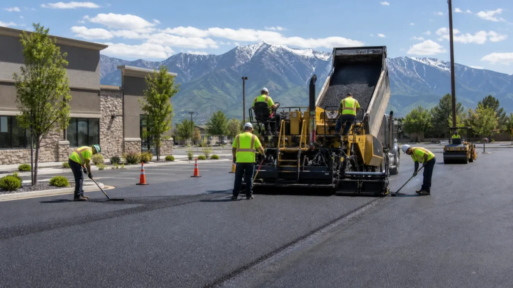 Parking Lot Paving crew working in a controlled Spanish Fork, Utah pavement area