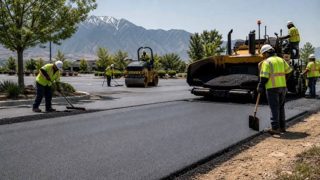 Parking Lot Paving crew working in a controlled Springville, Utah pavement area
