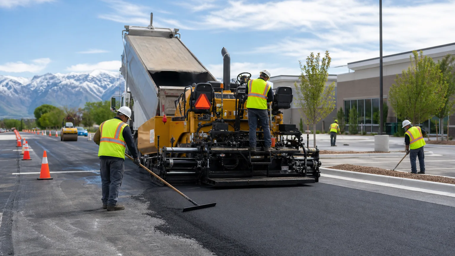 Parking Lot Paving crew working in a controlled West Jordan, Utah pavement area