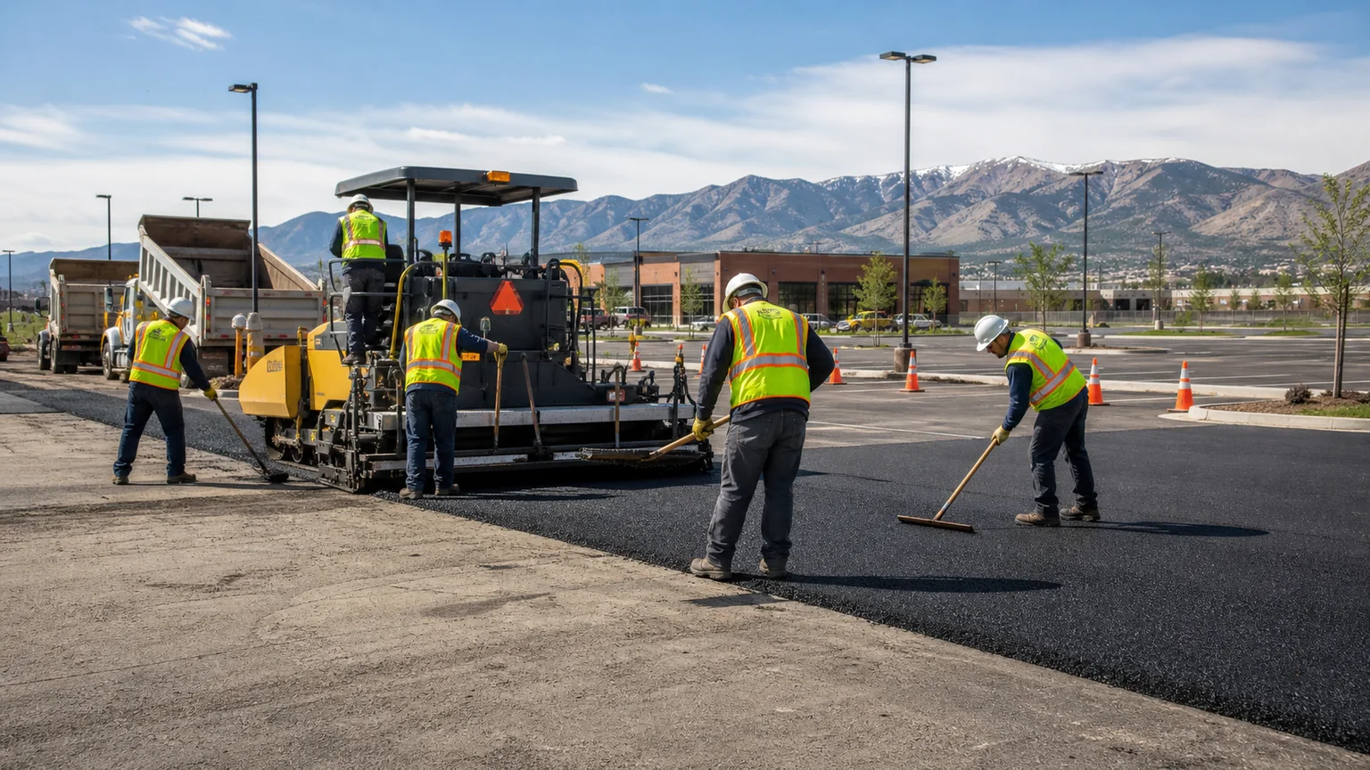Parking Lot Paving crew working in a controlled West Valley City, Utah pavement area