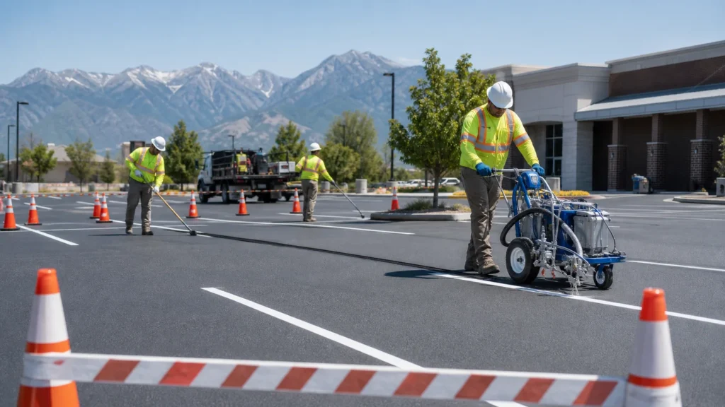 Parking Lot Striping crew working in a controlled Alpine, Utah pavement area