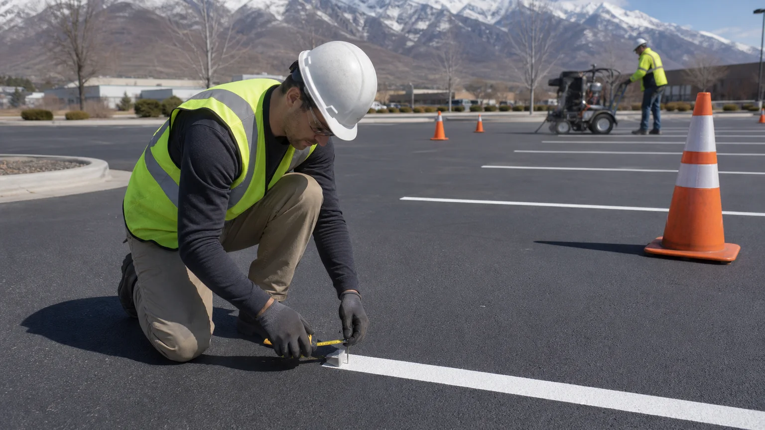 Quality-control step for parking lot striping in Alpine, Utah