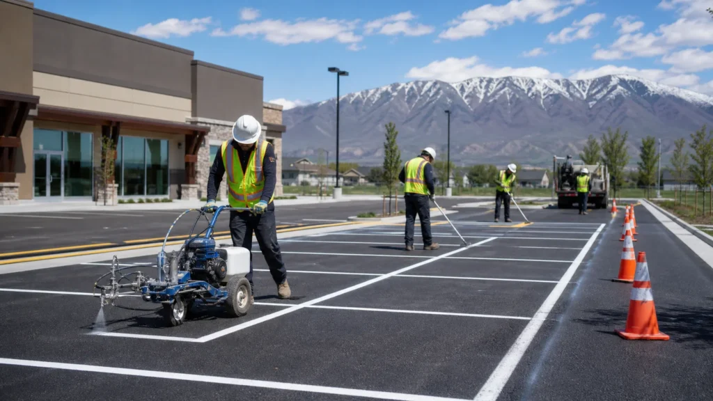 Parking Lot Striping crew working in a controlled American Fork, Utah pavement area