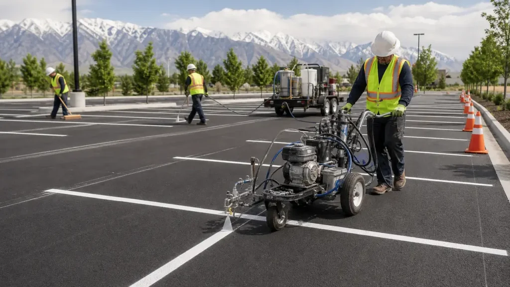 Parking Lot Striping crew working in a controlled Bluffdale, Utah pavement area