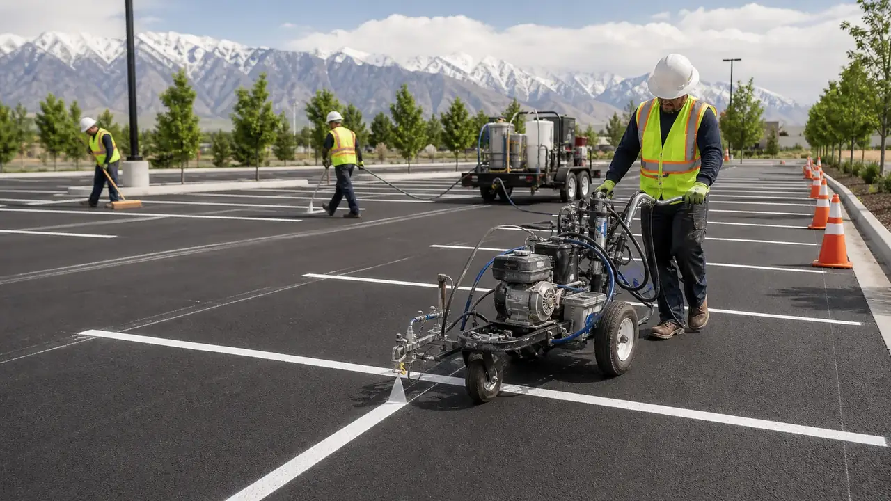 Parking Lot Striping crew working in a controlled Bluffdale, Utah pavement area