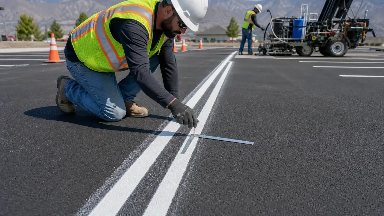 Quality-control step for parking lot striping in Bluffdale, Utah