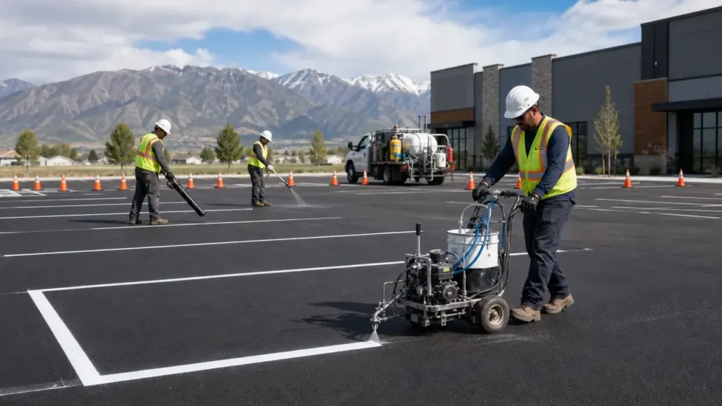 Parking Lot Striping crew working in a controlled Cedar Fort, Utah pavement area