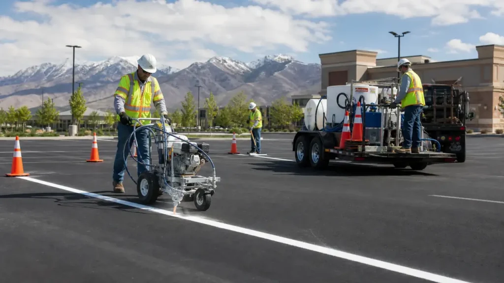 Parking Lot Striping crew working in a controlled Cedar Hills, Utah pavement area