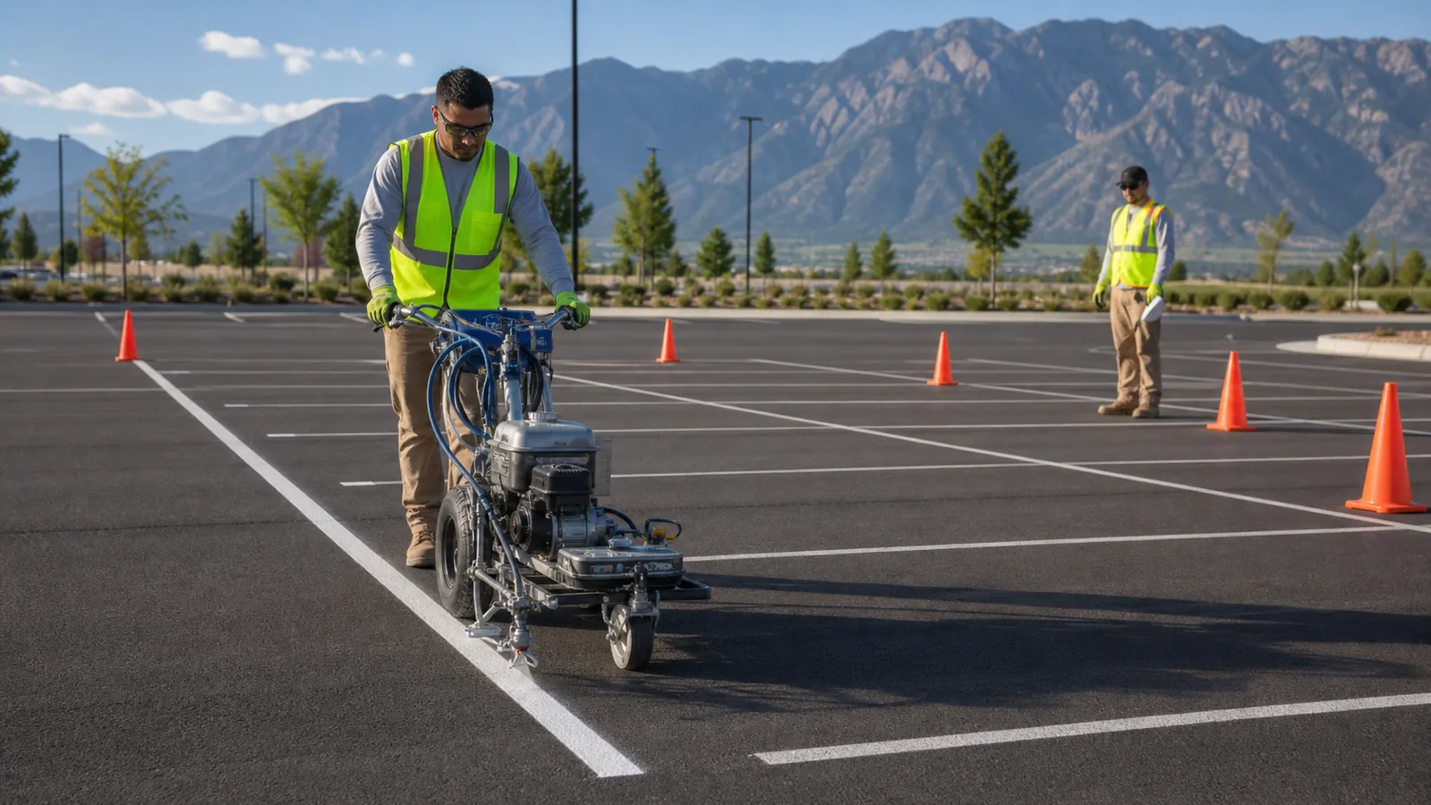 Crew applying straight parking stall lines in Draper, Utah