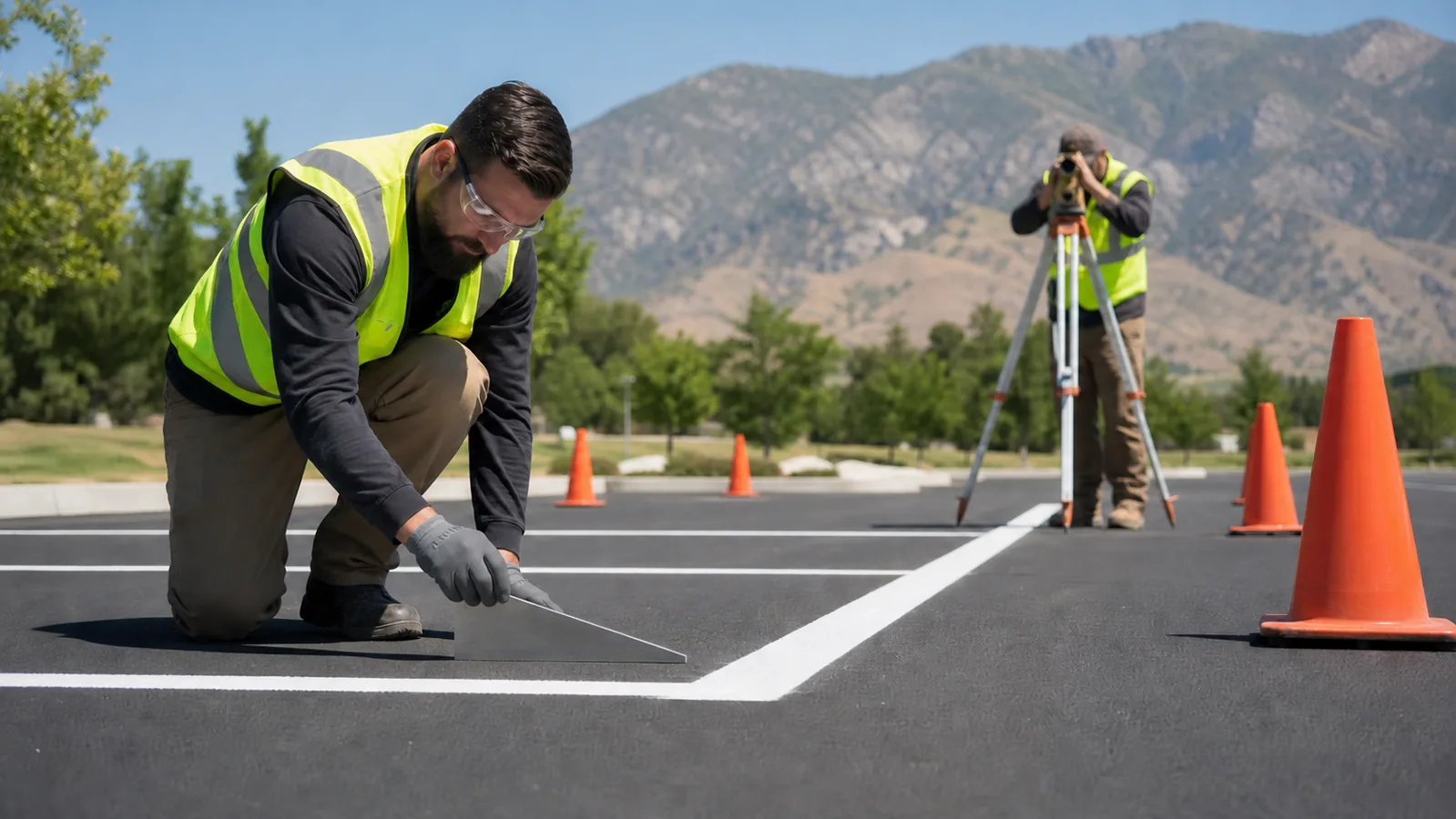 Technicians checking line width and alignment in a Draper parking lot