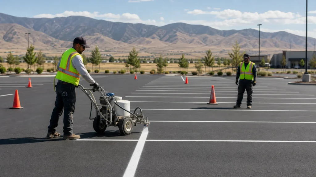 Striping crew applying parking stall lines on a controlled Eagle Mountain Utah lot