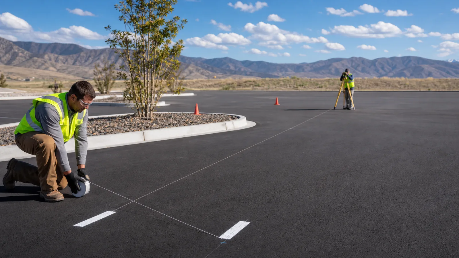 Technicians establishing parking layout control lines on clean asphalt in Eagle Mountain Utah