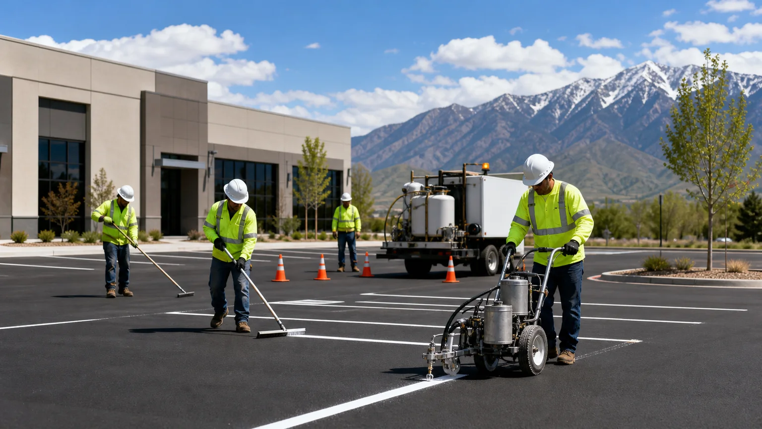 Parking Lot Striping crew working in a controlled Elk Ridge, Utah pavement area