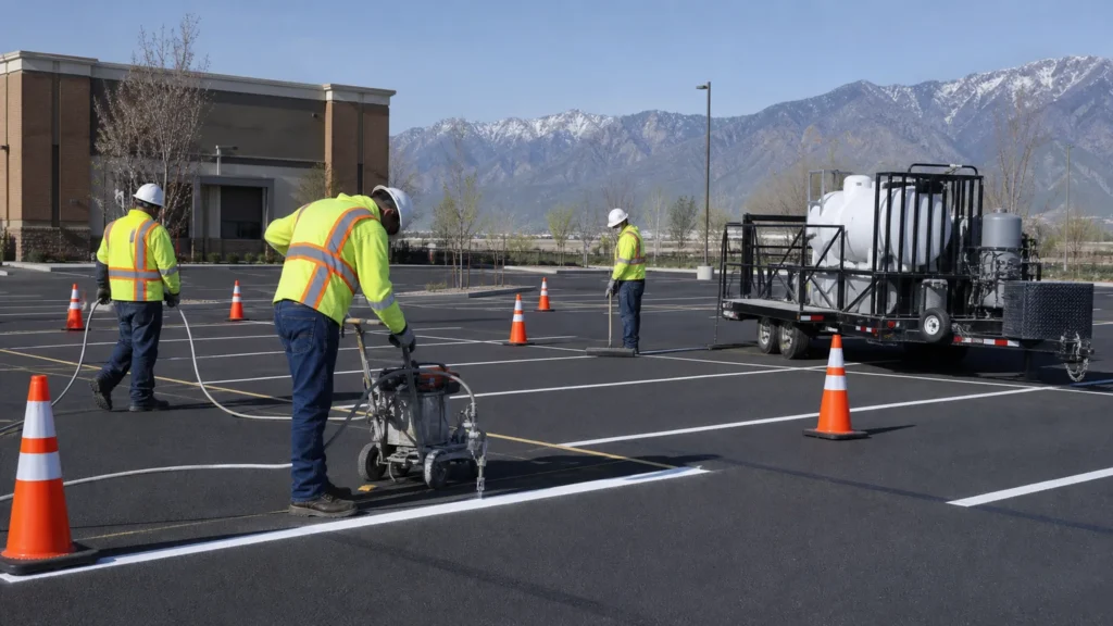 Parking Lot Striping crew working in a controlled Fairfield, Utah pavement area