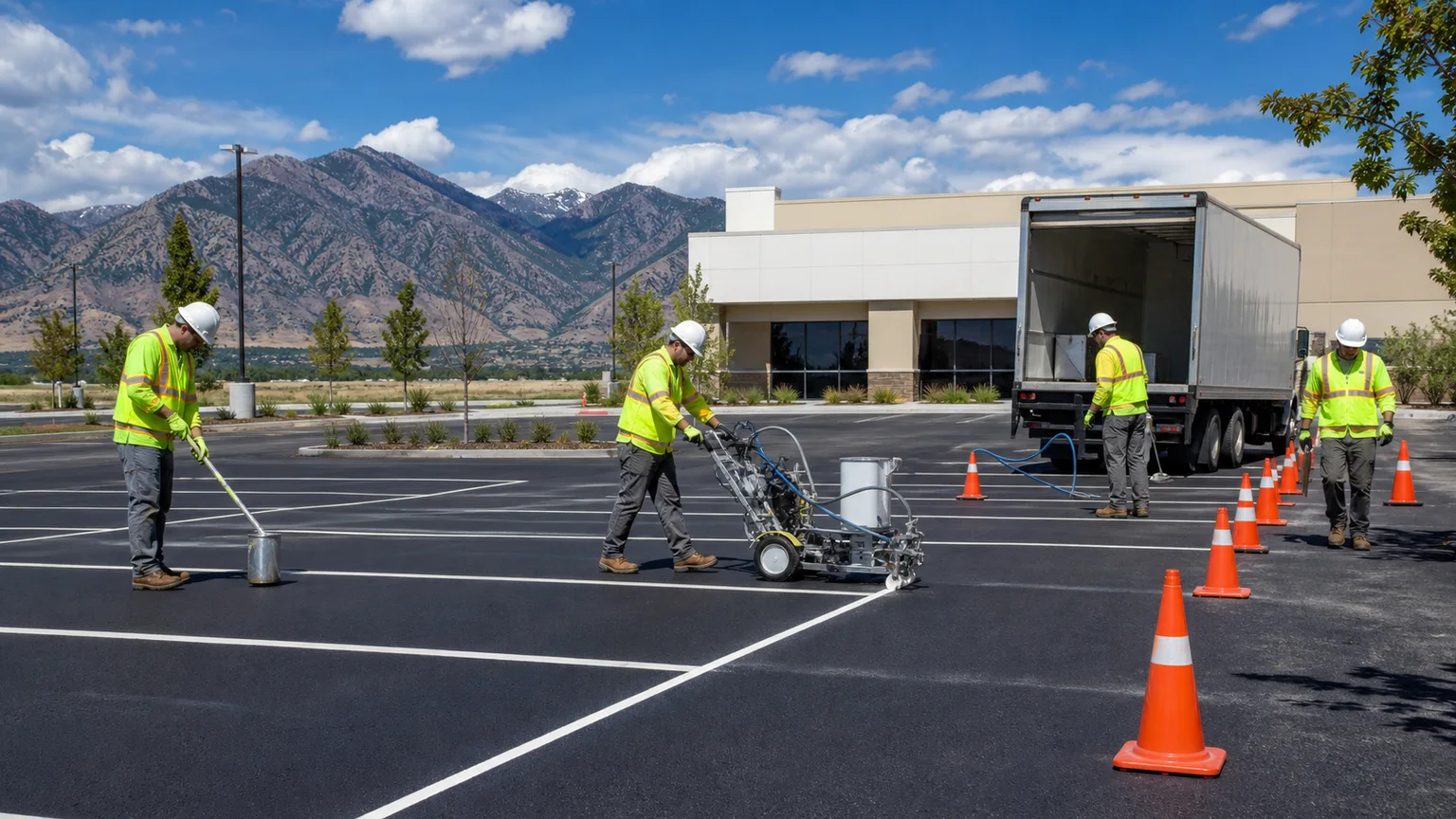 Parking Lot Striping crew working in a controlled Genola, Utah pavement area