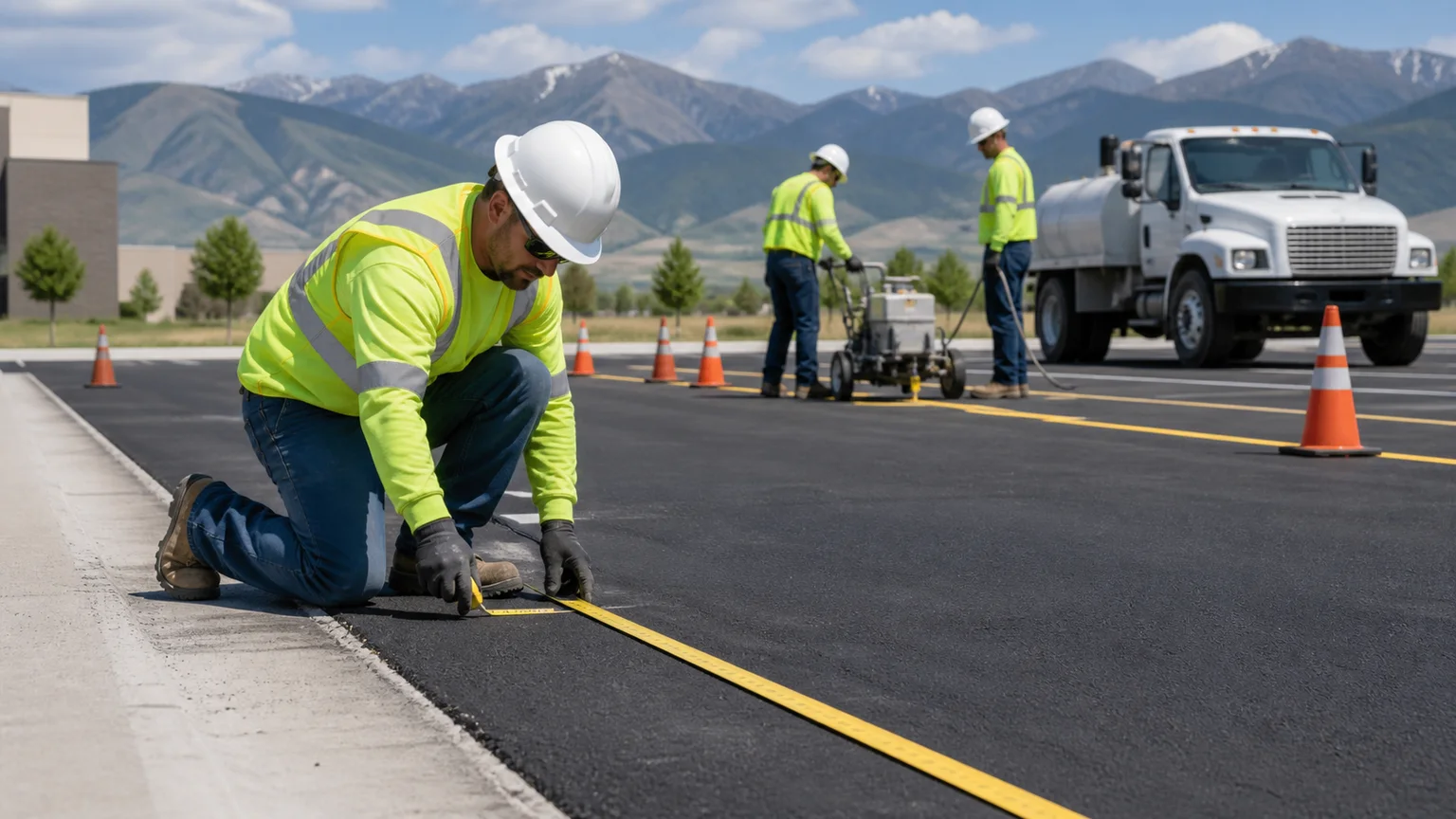 Quality-control step for parking lot striping in Genola, Utah