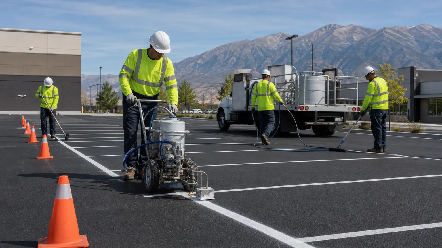 Parking Lot Striping crew working in a controlled Goshen, Utah pavement area