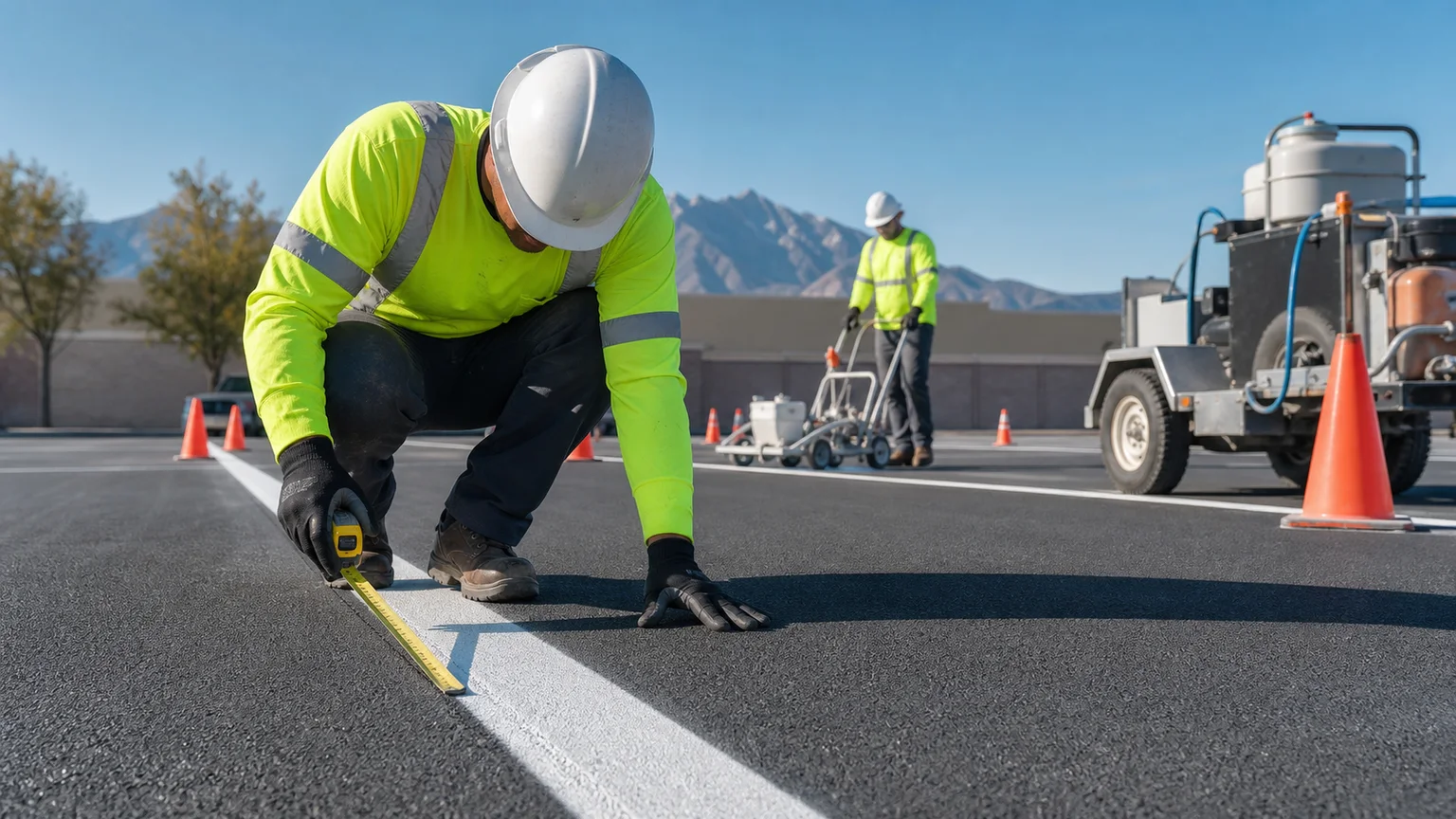 Quality-control step for parking lot striping in Goshen, Utah