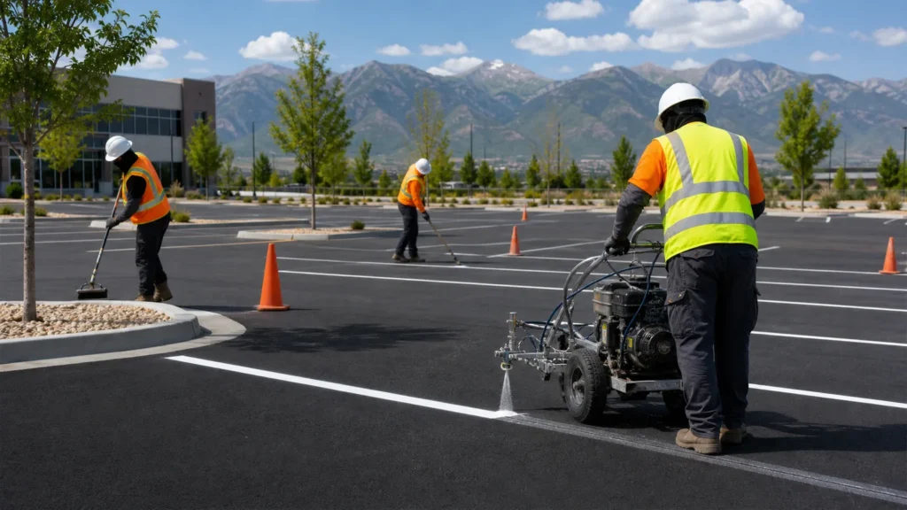Parking Lot Striping crew working in a controlled Herriman, Utah pavement area