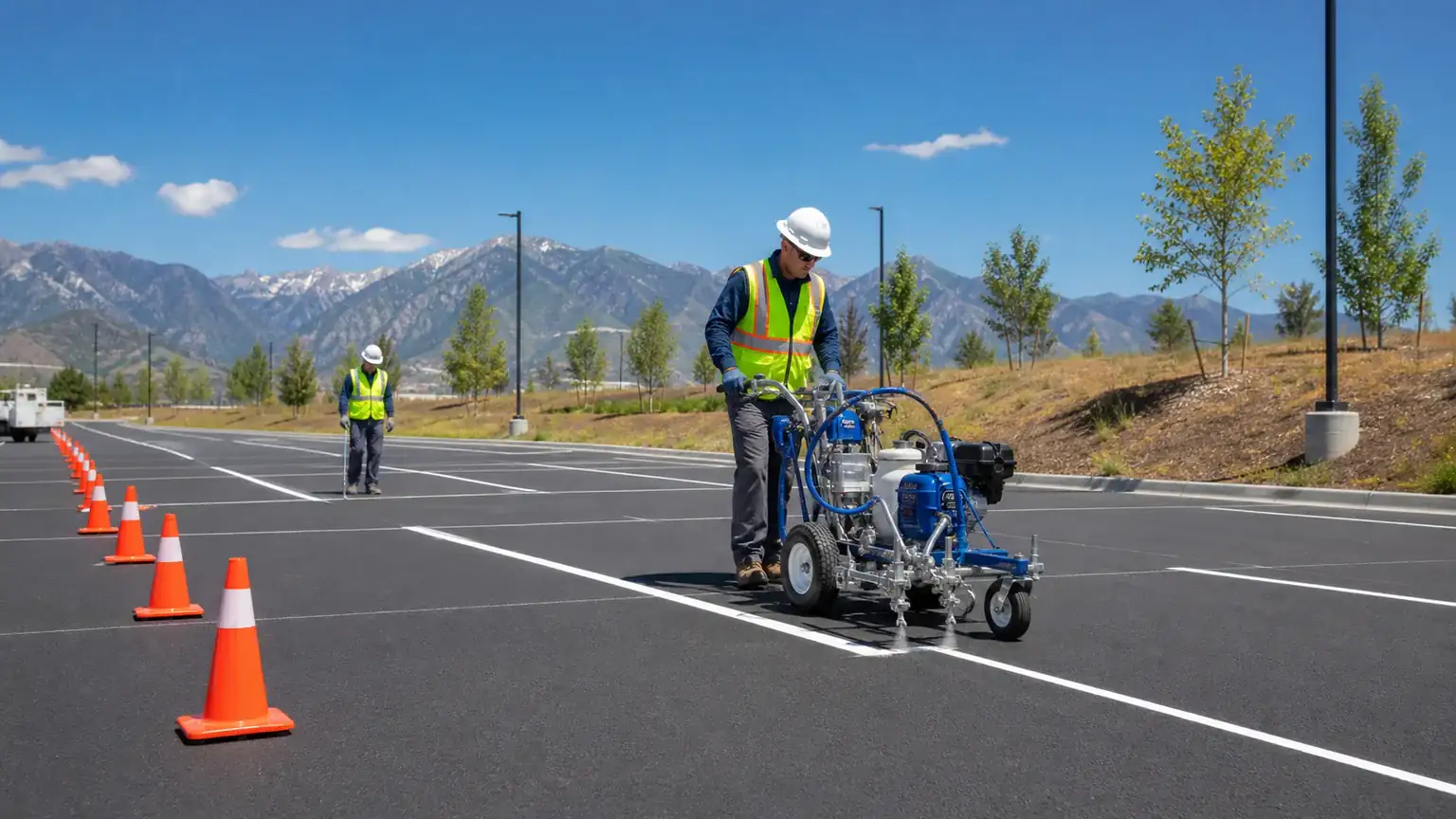 Parking Lot Striping crew working in a controlled Highland, Utah pavement area