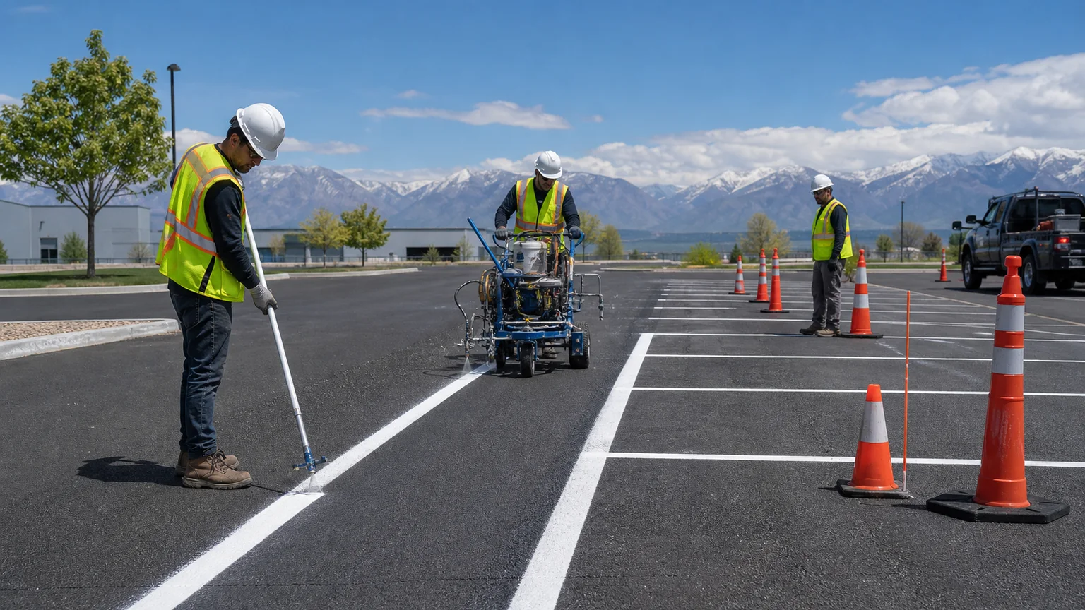 Parking Lot Striping crew working in a controlled Kearns, Utah pavement area