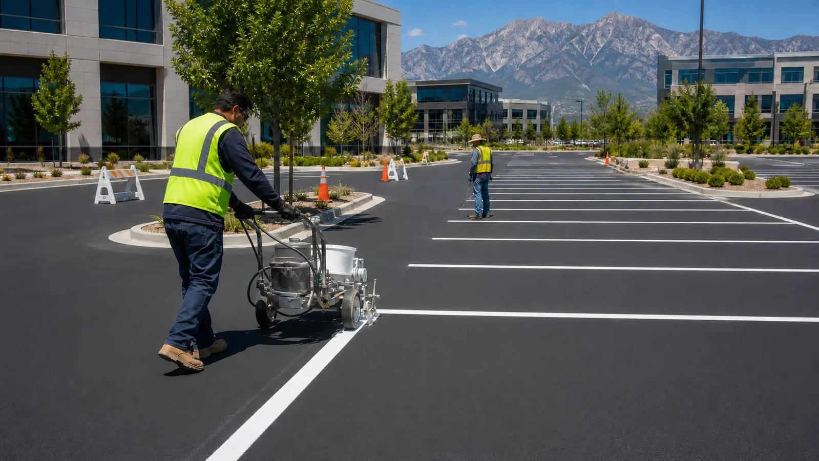 Crew applying straight parking stall lines in a controlled Lehi Utah office lot