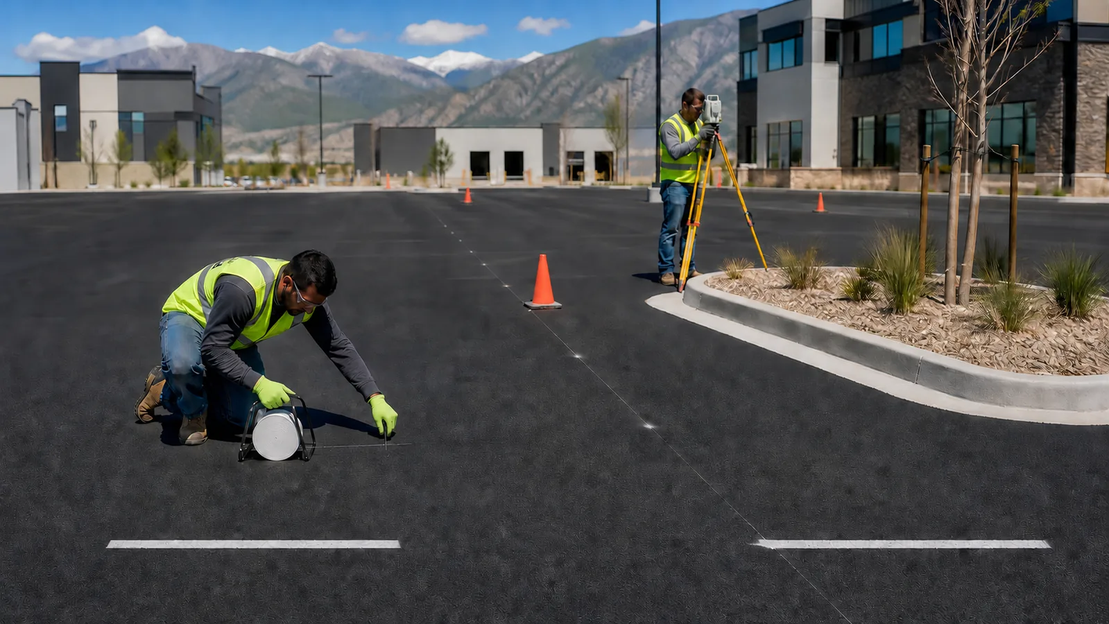 Technicians checking parking layout control points before striping in Lehi Utah