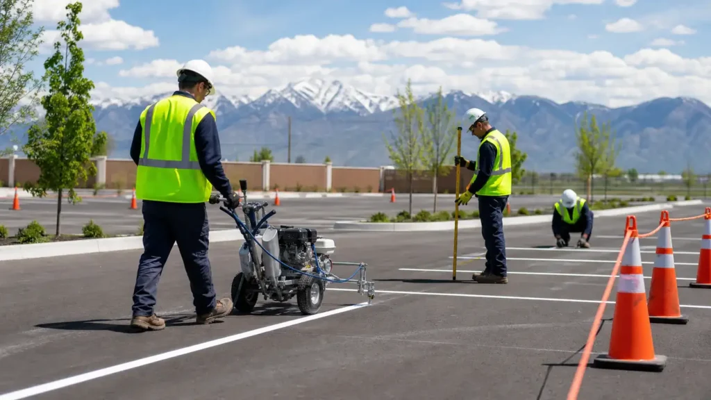 Parking Lot Striping crew working in a controlled Lindon, Utah pavement area